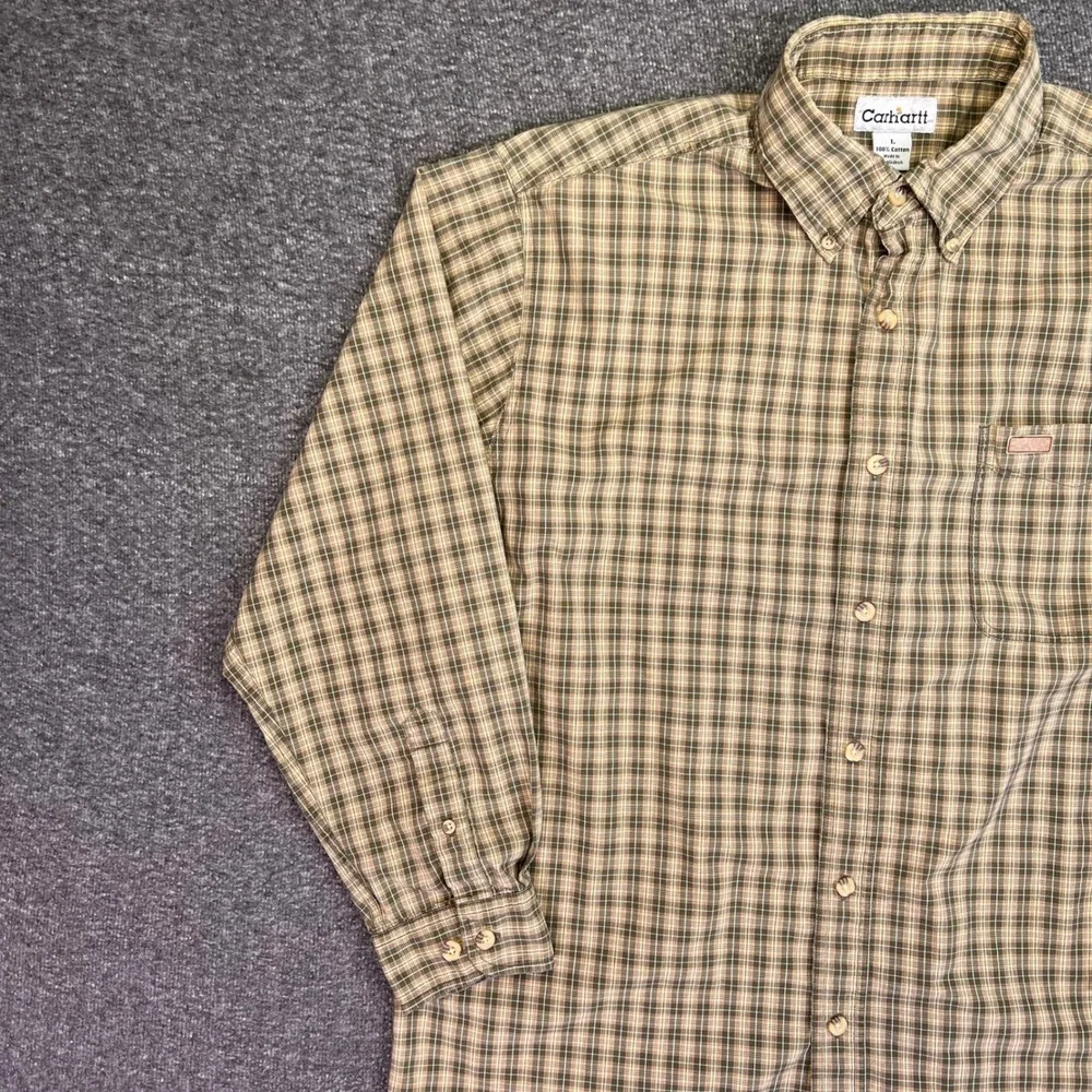 Carhartt Plaid Button Down Shirt‎ Mens Large Olive Green Workwear Casual S147OLV